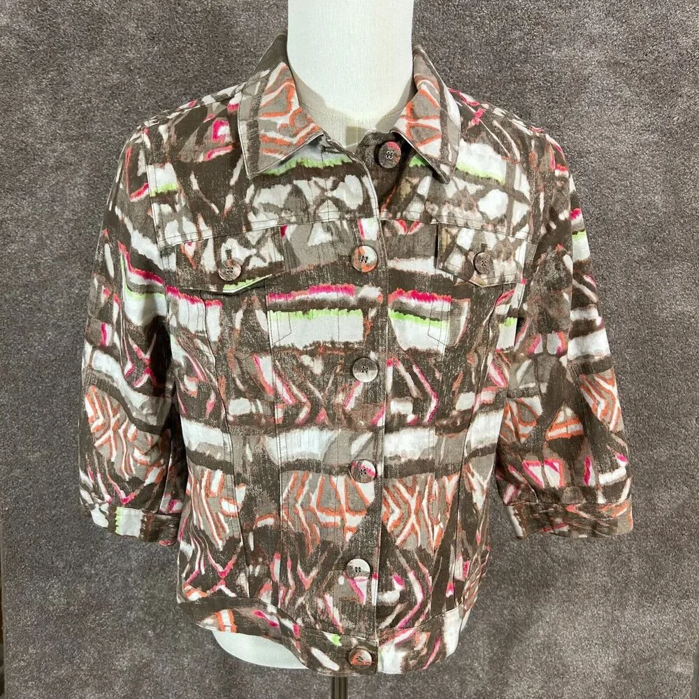 Chicos Jacket Womens 2 Large‎ 14 Brown Orange Pink Button Up 3/4 Sleeve Canvas
